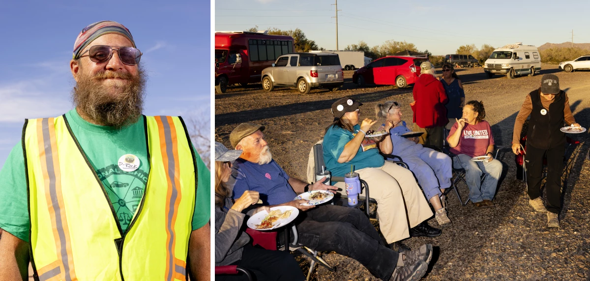 Left: Volunteer Derrick 'D-Rock' Hansler. Right: Volunteers chat and eat during a Taco Tuesday gathering.
