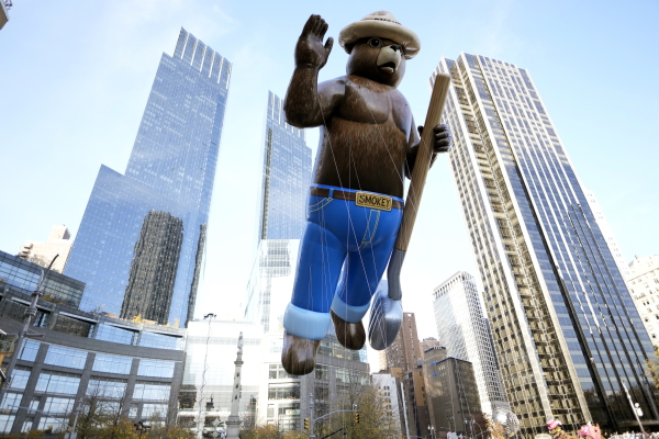 The Smokey Bear balloon floats in the Macy's Thanksgiving Day Parade on in New York on November 2021 