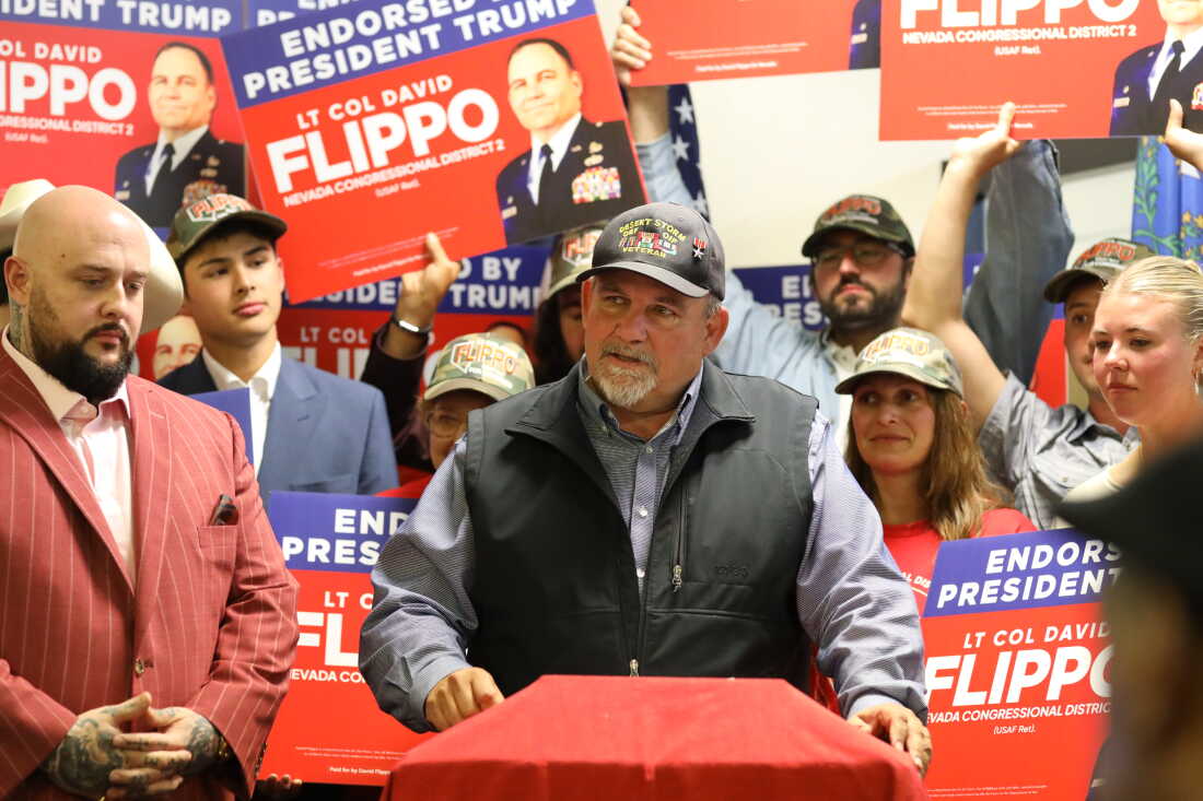 David Flippo, the Republican candidate for Congress in Nevada's 2nd Congressional District, speaks during a primary election night watch party June 9, 2026, in Reno, Nev.