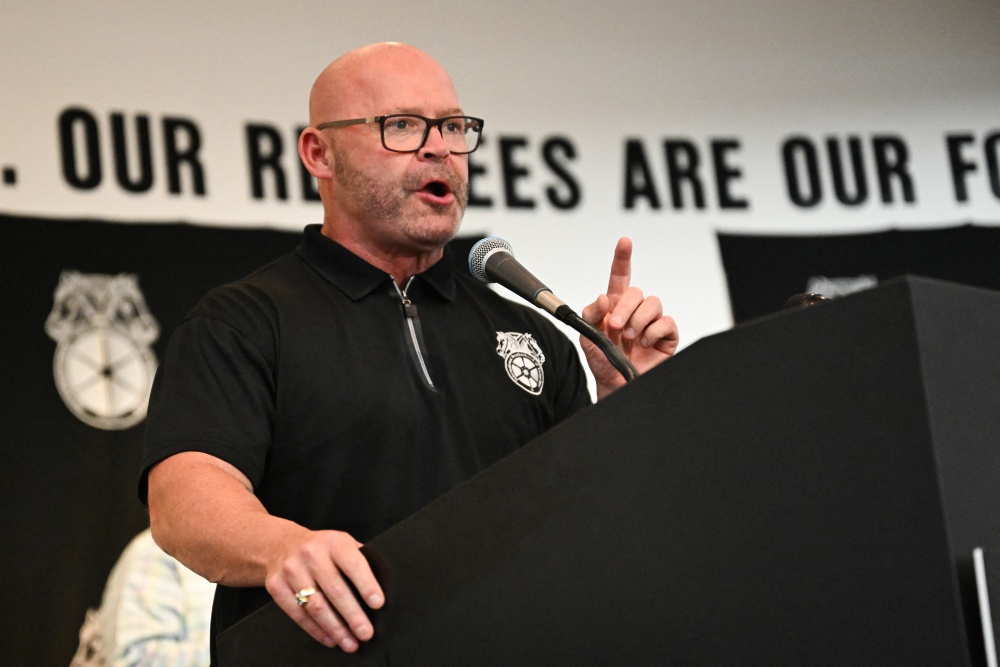 Teamsters General President Sean M. O'Brien speaks during a rally with workers and union members as part of an "Amazon Teamsters Day of Solidarity" on Aug. 29, 2024 in Long Beach, California. (AFP via Getty Images)