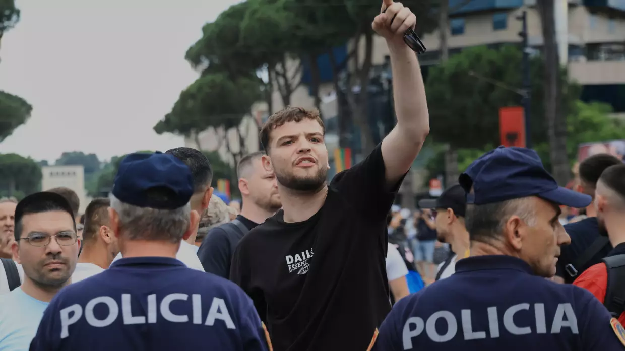 Police officers block a street during a demonstration in Tirana, Albania, Wednesday, June 3, 2026, opposing a luxury coastal development project linked to Jared Kushner and Ivanka Trump over concerns about environmental impacts and transparency.