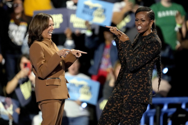 Vice President Kamala Harris and former first lady Michelle Obama at a rally on Oct. 26, 2024, in Kalamazoo, Mich.