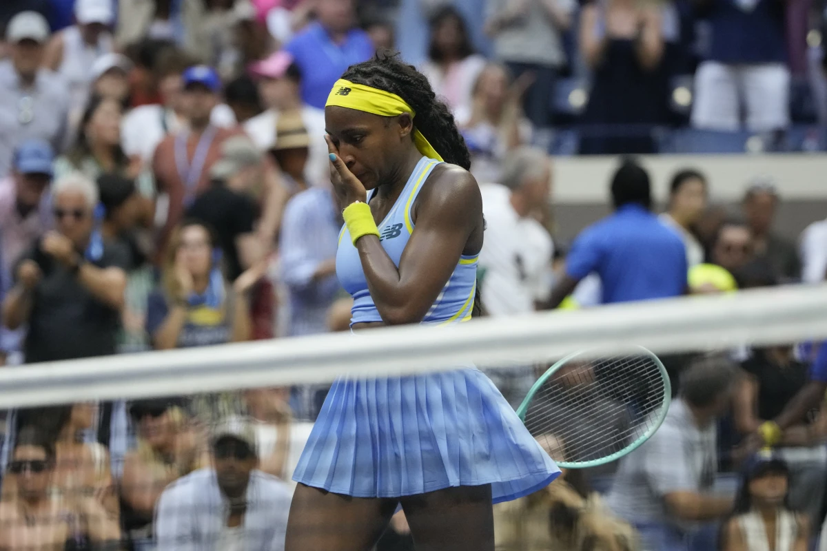 Coco Gauff, of the United States, reacts after losing to Emma Navarro, of the United States, during the fourth round of the U.S. Open tennis championships, Sunday, Sept. 1, in New York. 2024.