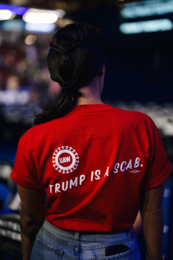 The back of California delegate Sarah Arveson's shirt reads, "Trump is a scab." Grace Widyatmadja/NPR