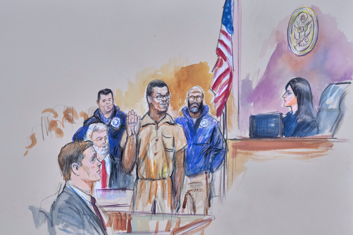 This courtroom sketch depicts Brian Cole Jr., 30, of Woodbridge, Va., the man accused of planting a pair of pipe bombs outside the headquarters of the Republican and Democratic national parties on  Jan. 5, 2021, in Washington, being sworn in, Friday, Dec. 5, 2025 before U.S. Magistrate Moxila Upadhyaya, at Federal Court in Washington, as U.S. Attorney Charles Jones, seated left, and Defense Attorney John Shoreman, seated center, look on.