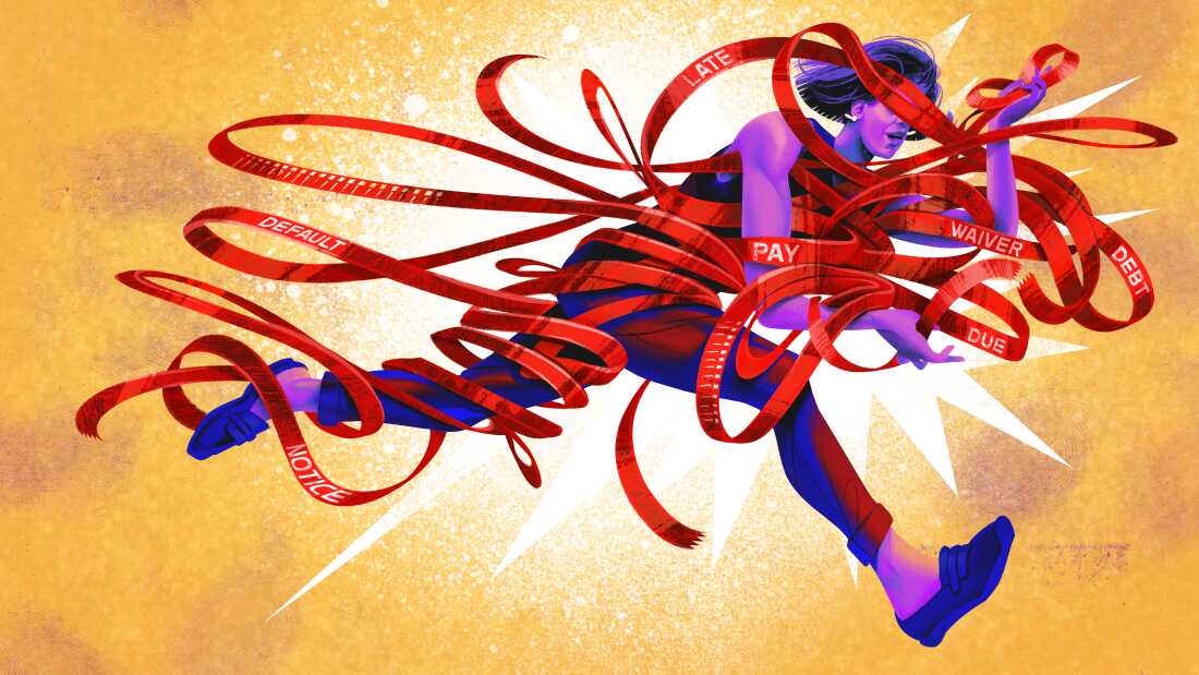 An illustration of a woman who is running while tangled in a long red receipt from head to toe.