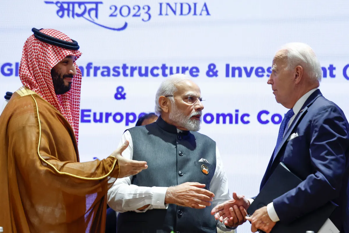 In this file photo from last year's G20 meeting in New Delhi on Sept. 9, 2023, President Biden speaks with Saudi Crown Prince Mohammed bin Salman and India's Prime Minister Narendra Modi
