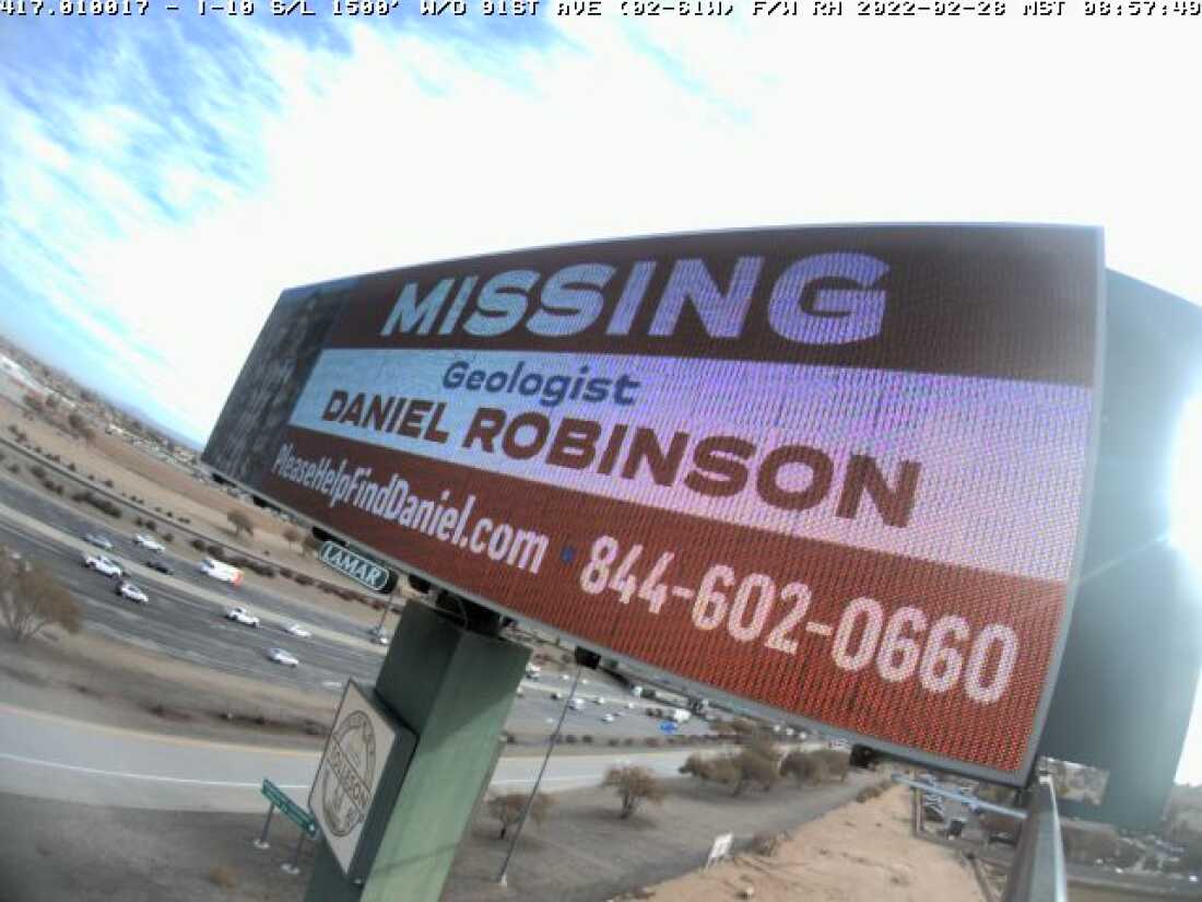 Daniel Robinson, 24, was last seen leaving a job site in Buckeye, Ariz. on June 23, 2021. Three years later, his father, David, continues searching for him. Here, a billboard in Arizona on an interstate advertises the website and phone number for tips into the investigation.