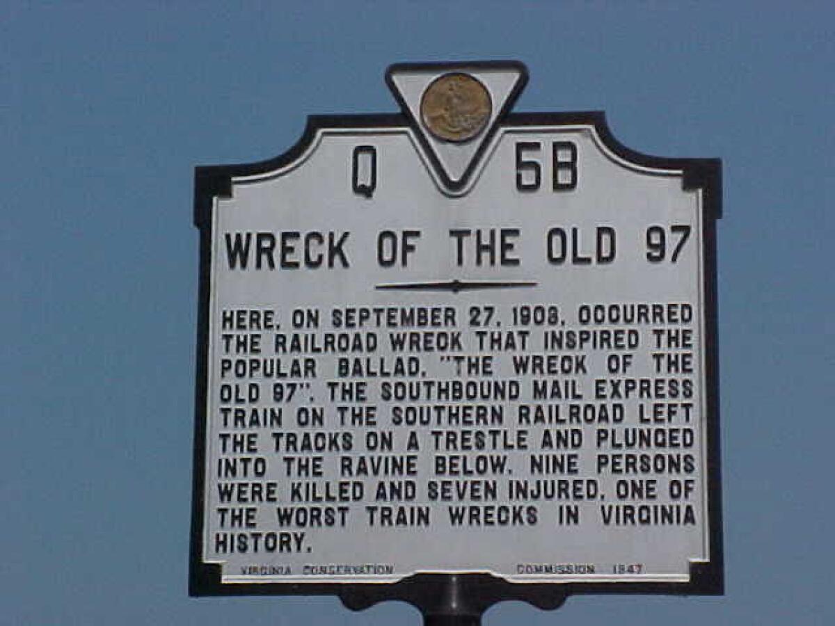 A historical marker denotes the location of train wreck on Sept. 27, 1903 near Danville, Virginia.
