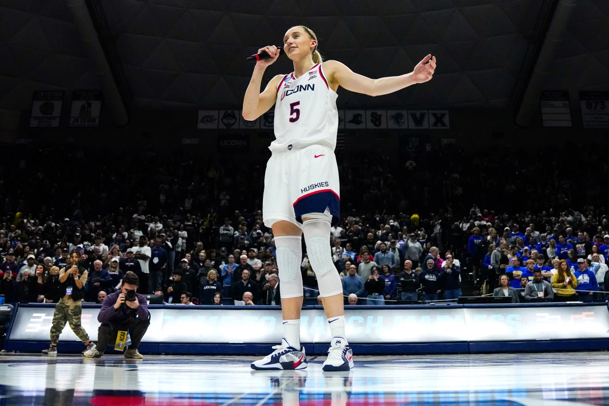 Paige Bueckers of the Connecticut Huskies speaks to fans following a second round game of the women's NCAA basketball tournament at the Harry A. Gampel Pavilion on March 24, 2025 in Storrs, Conn.