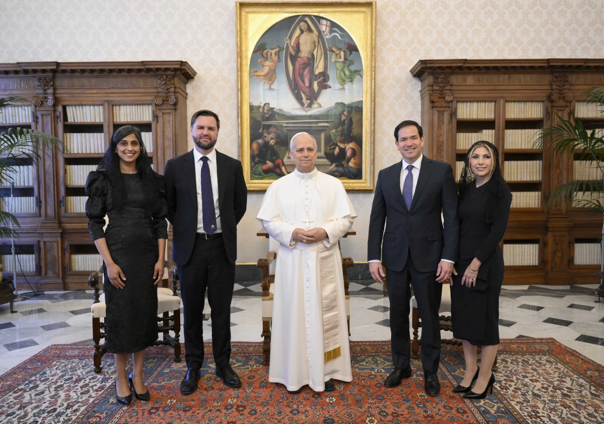 Pope Leo XIV with Vice President JD Vance, his wife Usha Vance, Secretary of State Marco Rubio and his wife Jeanette Dousdebes Rubio, on the occasion of their meeting at the Vatican, Monday.