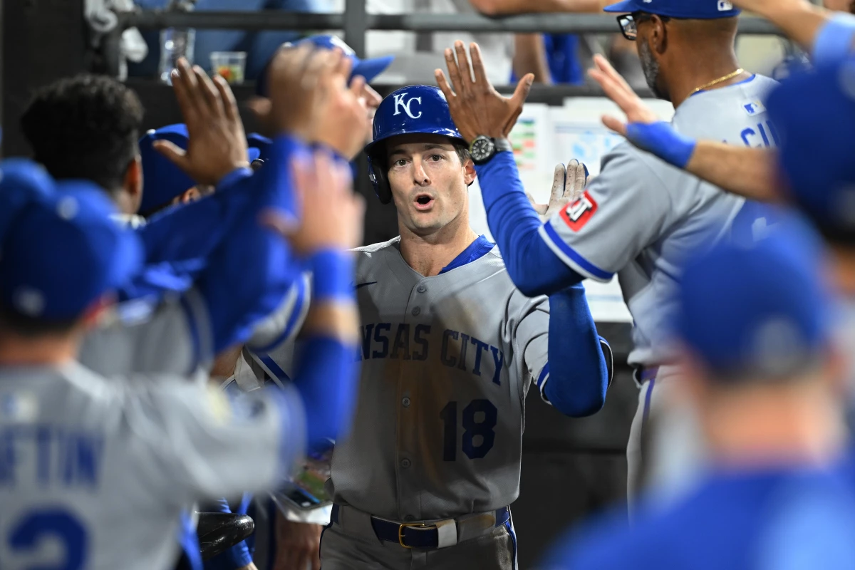 Mike Yastrzemski of the Kansas City Royals celebrates his three-run homer against the Chicago White Sox on August 27, 2025. Yastrzemski says the prevalence of analytics helps opposing teams and makes it harder for hitters like him. 'For someone like me, I've had seven years worth of data for these guys to dig through.'