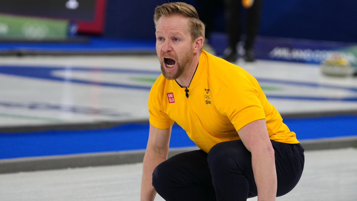 Sweden's Niklas Edin yells during the men's curling round robin session against Canada, at the 2026 Winter Olympics, in Cortina d'Ampezzo, Italy, Friday, Feb. 13, 2026.