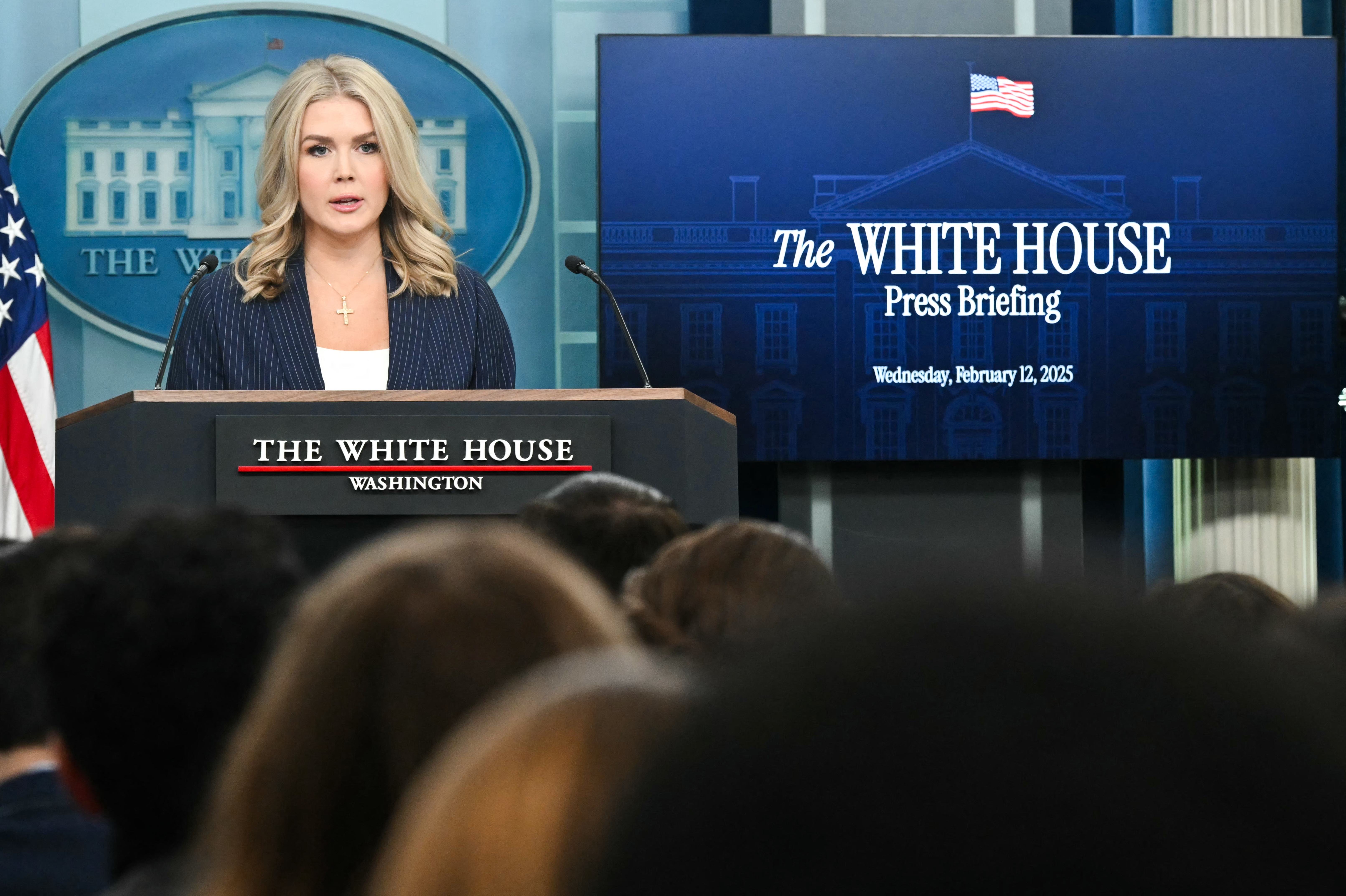 White House Press Secretary Karoline Leavitt speaks during the daily briefing in the Brady Briefing Room of the White House on Wednesday. Leavitt said judges blocking the Trump administration