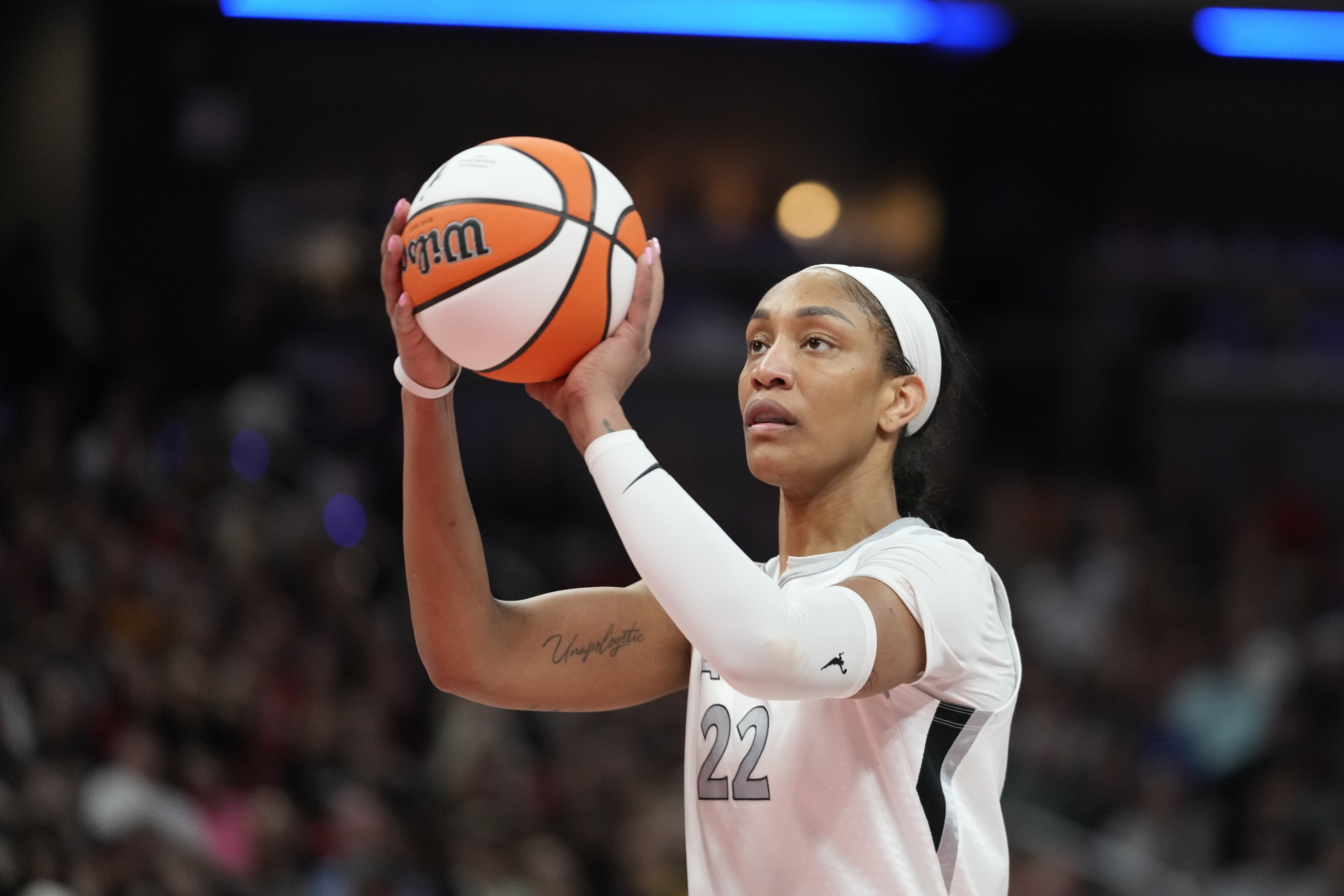 The Las Vegas Aces' A'ja Wilson shoots during the second half of a WNBA basketball game against the Indiana Fever in Indianapolis on Wednesday. (AP)