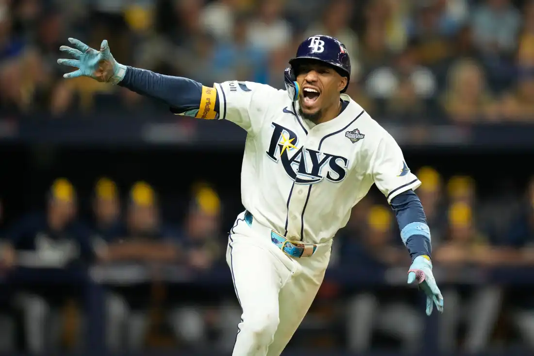 Tampa Bay Rays' Chandler Simpson celebrates during the 12th inning of Game 4 of baseball's World Series, Wednesday, Oct. 28, 2026, in St. Petersburg, Fla., between the Milwaukee Brewers and the Tampa Bay Rays.