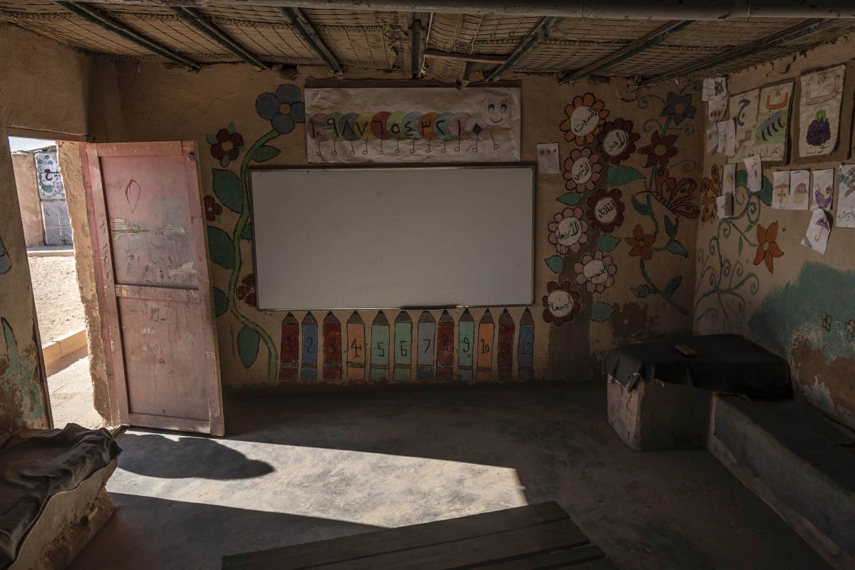 An empty classroom during a weekend in the Rukban camp. The U.S.-based Syrian Emergency Task Force opened eight schools here two years ago, staffed with volunteer teachers from the camp.