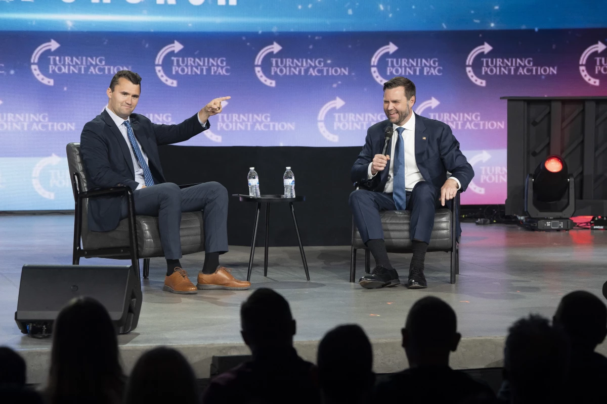 Kirk and Vance were close friends, something the vice president spoke about at length during Monday's taping. Above, Kirk moderates a conversation with Vance during a Turning Point Action's Chase the Vote campaign event at Generation Church in Mesa, Ariz., on Sept. 4, 2024.
