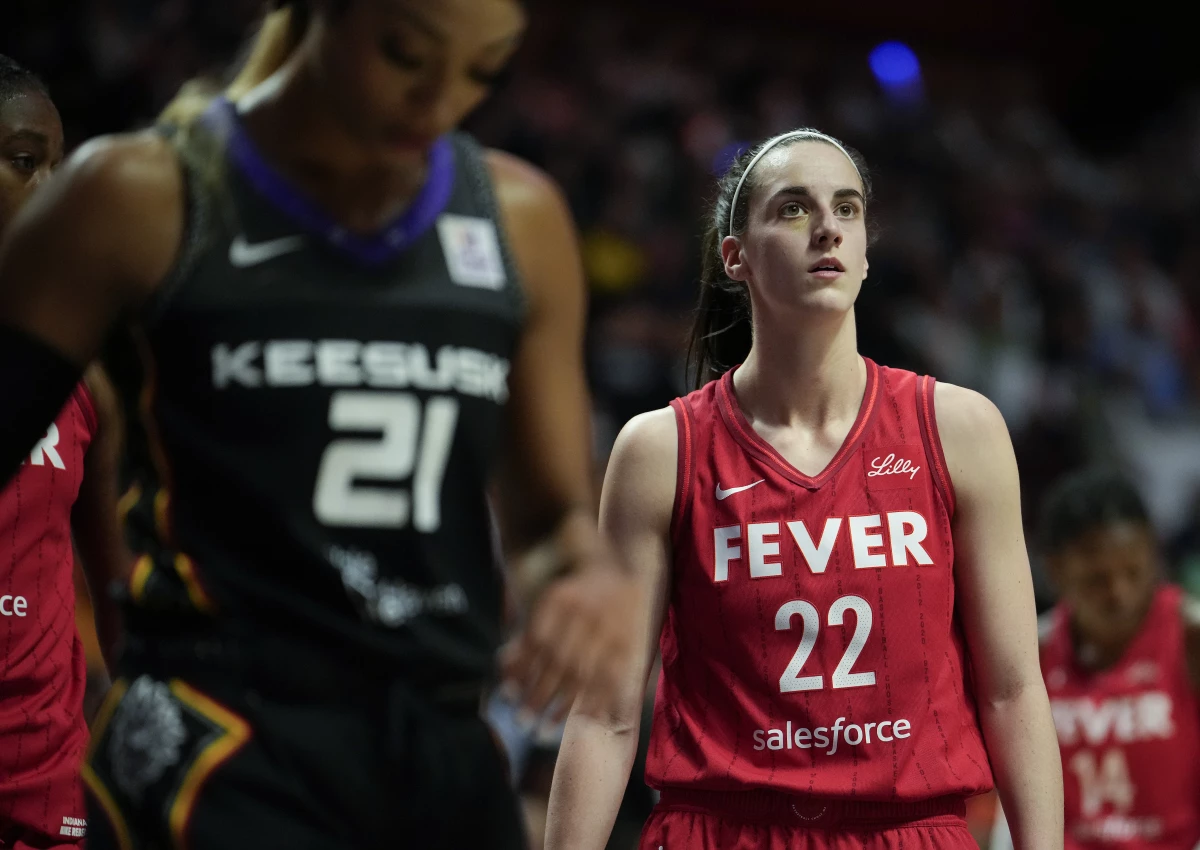 Caitlin Clark #22 of the Indiana Fever looks on as she plays the Connecticut Sun during the first round of the 2024 WNBA Playoffs in September.