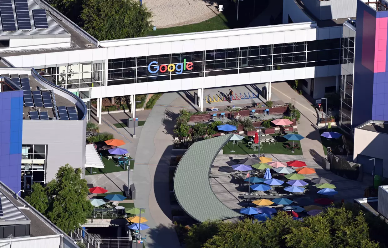 An aerial view shows Google's "Googleplex" corporate office in Mountain View, California on May 20, 2026.