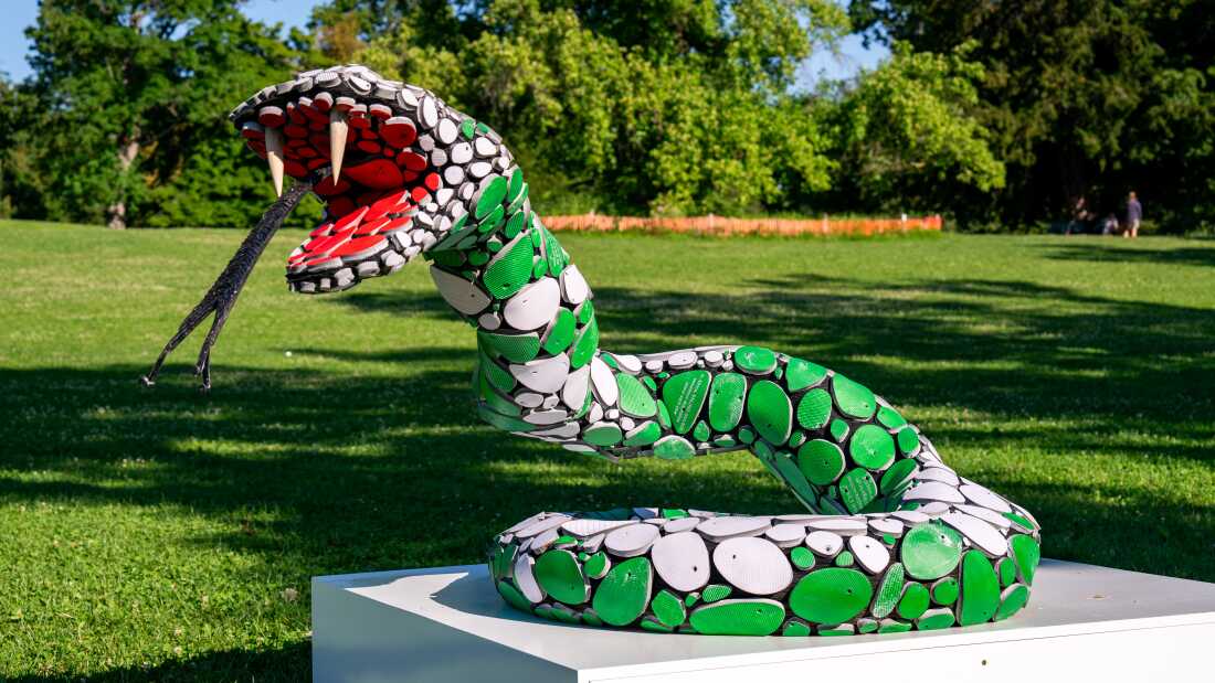 GENEVA, SWITZERLAND - MAY 18: Strike Out Snakebite (SOS) – a newly launched global initiative – unveils the ‘snakeover’ – a series of artworks highlighting the critical need for action against snakebite envenoming at the 78th World Health Assembly, Park Mon Repos on May 18, 2025 in Geneva. Featured artwork by Mr Finbar - The Cobra.