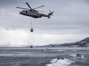 An amphibious assault demonstration with joint forces of the Swedish, Finnish, Italian and French army is pictured during the Nordic Response 24 military exercise on March 10, 2024, at sea near Sorstraumen, above the Arctic Circle in Norway. Nordic Response 24 is part of the larger NATO exercise Steadfast Defender. The exercise involves air, sea, and land forces, with over 100 fighter jets, 50 ships, and over 20,000 troops practicing defensive manuevers in cold and harsh weather conditions.