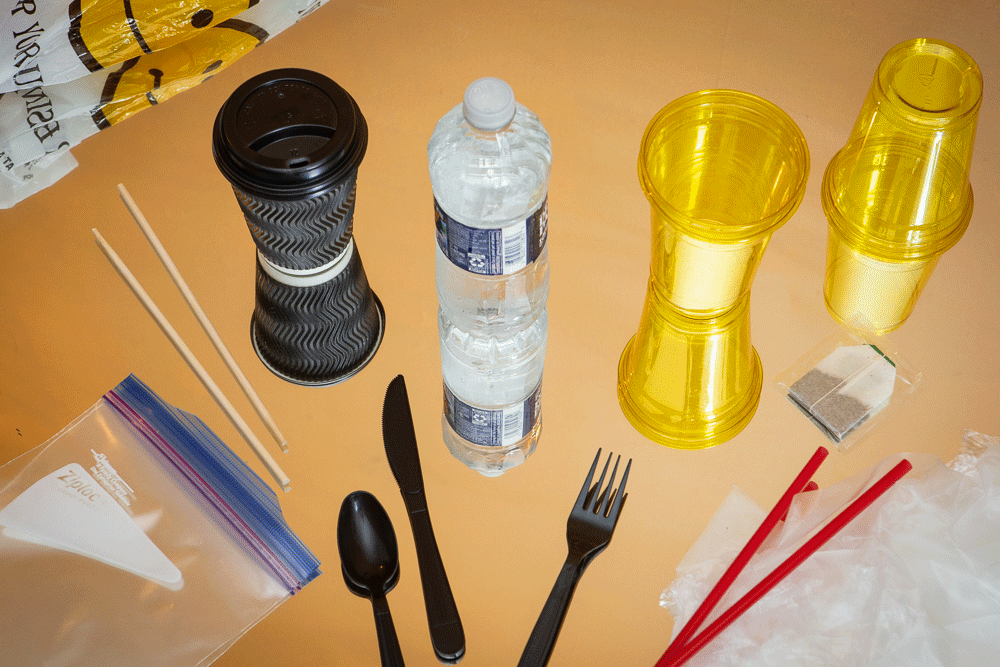 Plastic products including water bottles, cutlery, etc are swapped out with reusable items