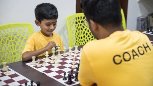 Seven-year-old Lakshan is coached by Selvabharathy, a trainer at Vishnu Prasanna’s Chess Academy in Chennai, India.