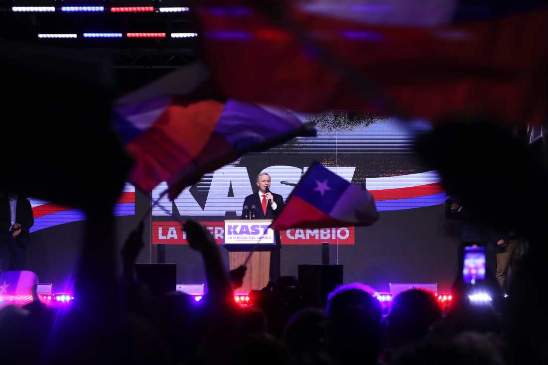 Presidential candidate Jose Antonio Kast of the Republican Party, addresses supporters after early results in the general elections in Santiago, Chile, Sunday, Nov. 16, 2025.