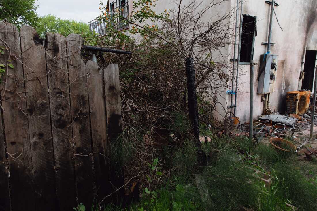 The damaged fence where the utility pole fell still stands between Lea Chazin’s home and her neighbor’s backyard in Altadena, California. May 12, 2025. Zaydee Sanchez for NPR