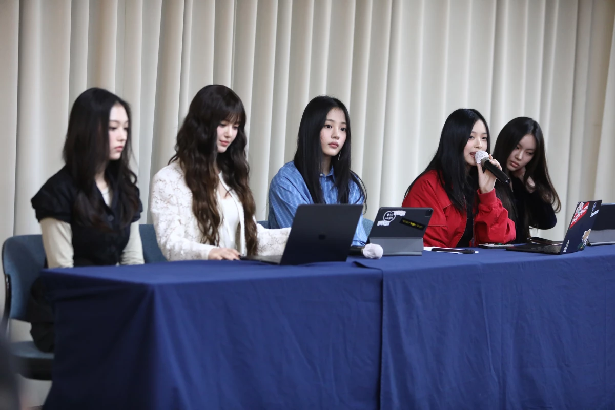 NewJeans' Haerin, Danielle, Minji, Hanni and Hyein at a press conference in Seoul on Nov. 28, 2024, announcing the termination of their contract with their label, ADOR.