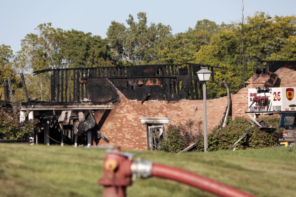 Fire damage is seen at the Church of Jesus Christ of Latter-day Saints in Grand Blanc, Mich., on Sunday.