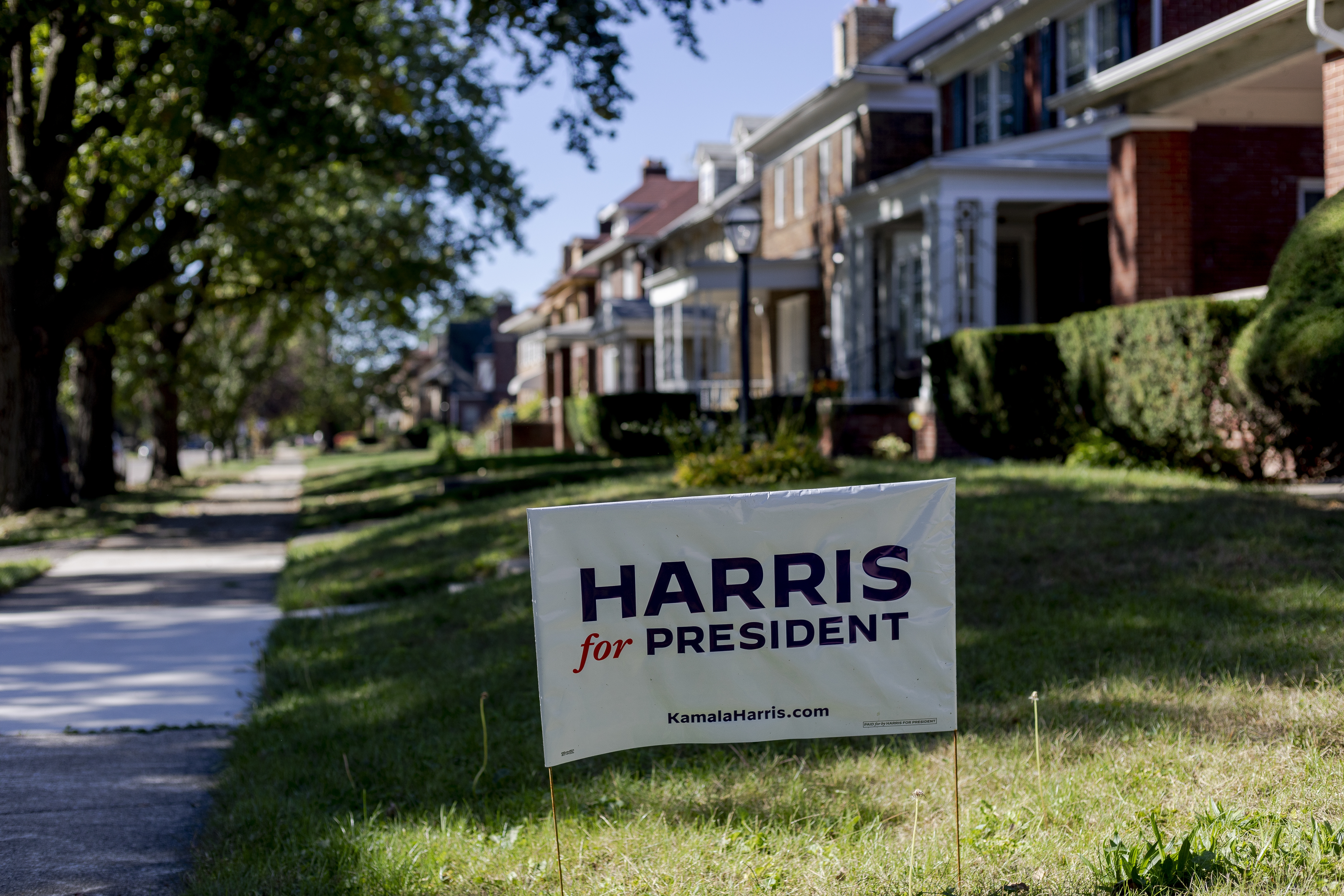 A sign supporting Kamala Harris in the Boston Edison neighborhood on Oct. 5, 2024 in Detroit, Mich.