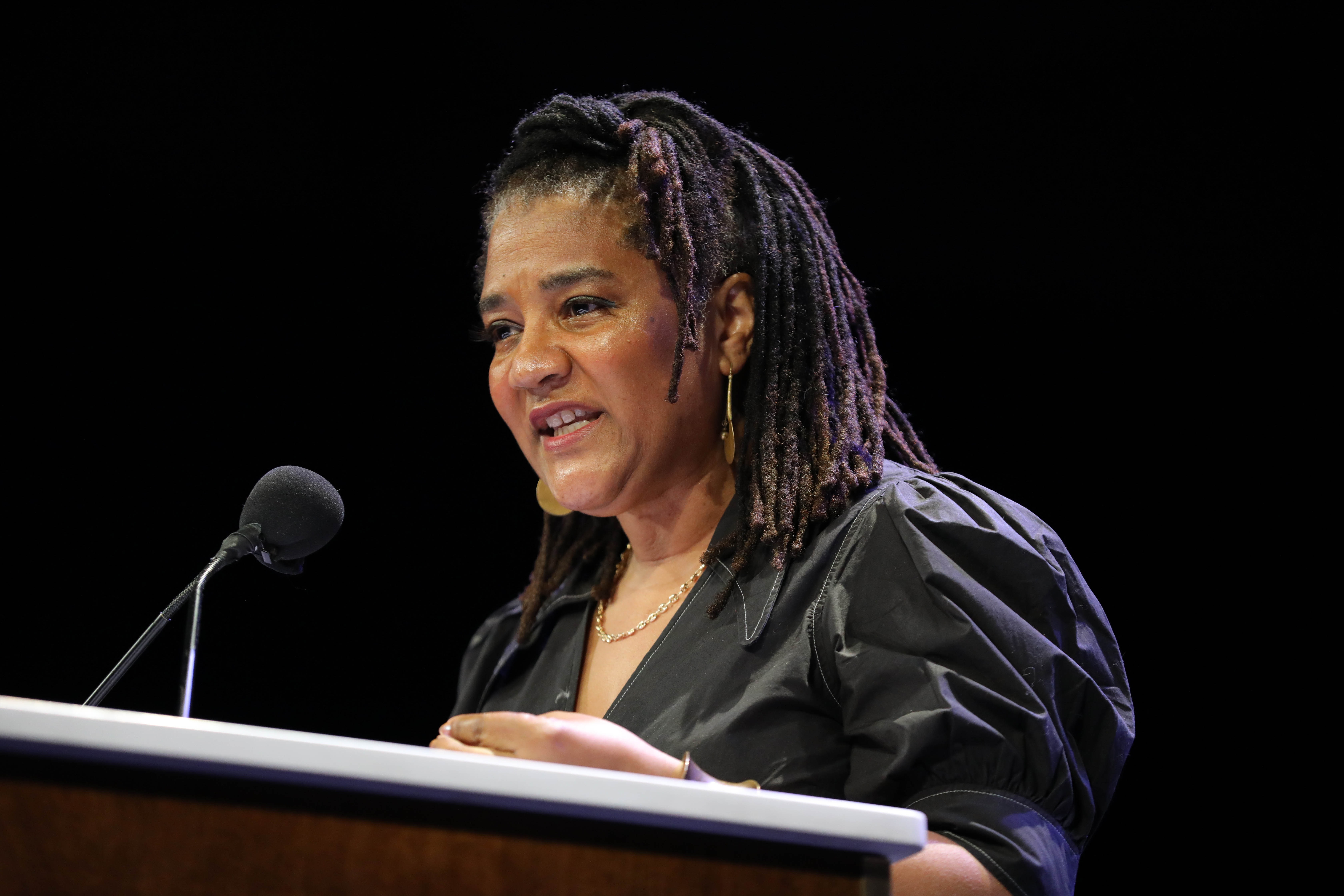 Lynn Nottage onstage in New York City in 2023. Nottage is one of the organizers of the "Fall of Freedom" creative protest.