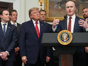 Coinbase CEO and co-founder Brian Armstrong speaks as President Donald Trump meets with technology leaders in the Roosevelt Room of the White House, Wednesday, Aug. 19, 2026, in Washington.