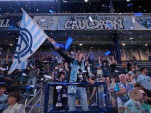 Sporting Kansas City fans celebrate a win over the LA Galaxy on May 13, 2026 in Kansas City, Kan.
