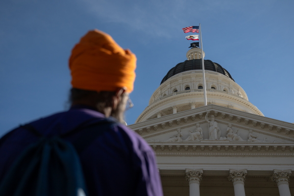Members of the Sikh community pray at the closing event at the California State Capital where the 300 mile march concluding starting from Bakersfield. Sacramento, California. November 1, 2024. The Jakara Movement’s powerful "Nirbhau & Niyaa Morcha" (Fearless for Justice March), a 24-day, 350-mile on foot march from Bakersfield to Sacramento commemorates 40 years since the 1984 Sikh Genocide.