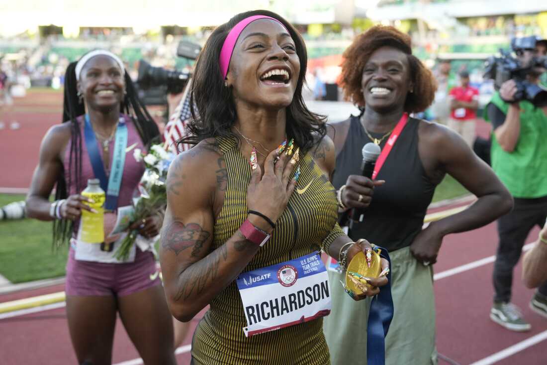 Sha'Carri Richardson celebrates her win in the women's 100-meters final during the U.S. Track and Field Olympic Team Trials on Saturday in Eugene, Ore.