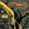 A map showing DCA passenger flight path data from August 2026 overlaid onto a satellite image of DCA. Many of the flights pass over the site of the Trump administration's proposed arch.