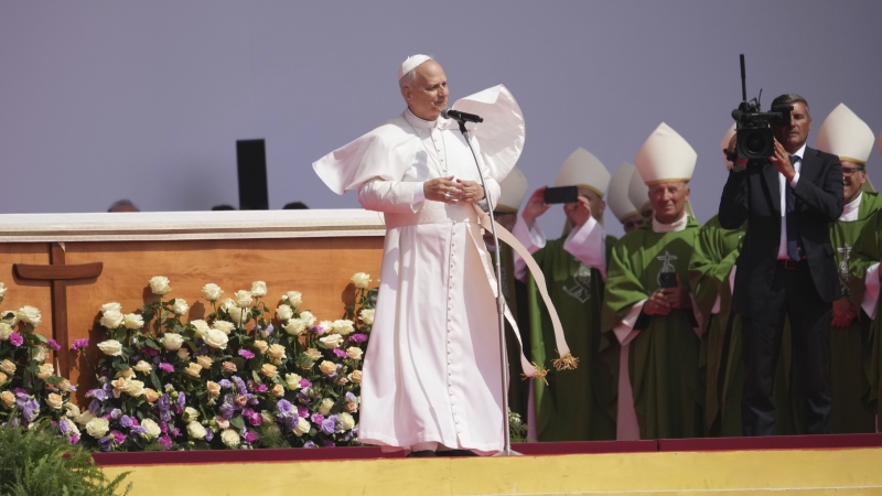 Pope Leo XIV holds a Mass with young people participating in the Youths Jubilee at the Tor Vergata field in Rome, Sunday, Aug. 3, 2025.