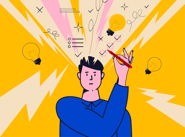 Illustration of a person with lightbulbs and checklists swirling above or emanating from their head, symbolizing the concept of thinking and brainstorming ideas, goals and resolutions for the future.
