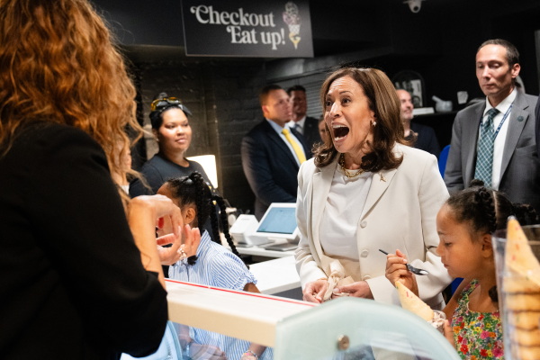 Vice President Harris visits a new ice cream shop owned by supermodel Tyra Banks with her grand-nieces on July 19, 2024 in Washington, DC.