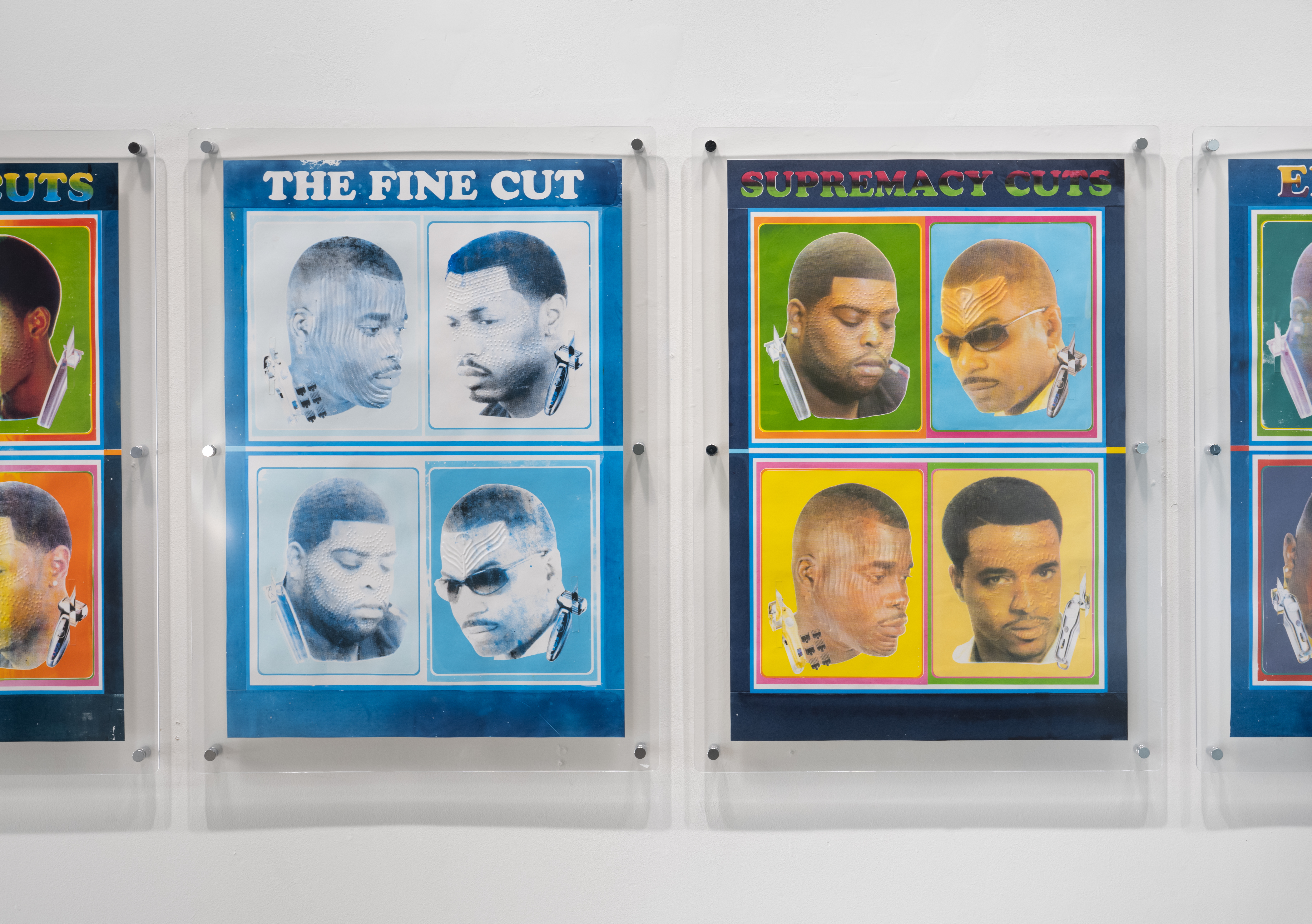 "The Fine Cut" is a re-created barbershop poster that depicts two kinds of cuts — hairstyles of African-American men and ritual scarification of African faces.