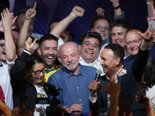 President Luiz Inacio Lula da Silva addresses supporters after winning a fourth term in the presidential runoff in , Brazil, Sunday, Oct. 25, 2026.