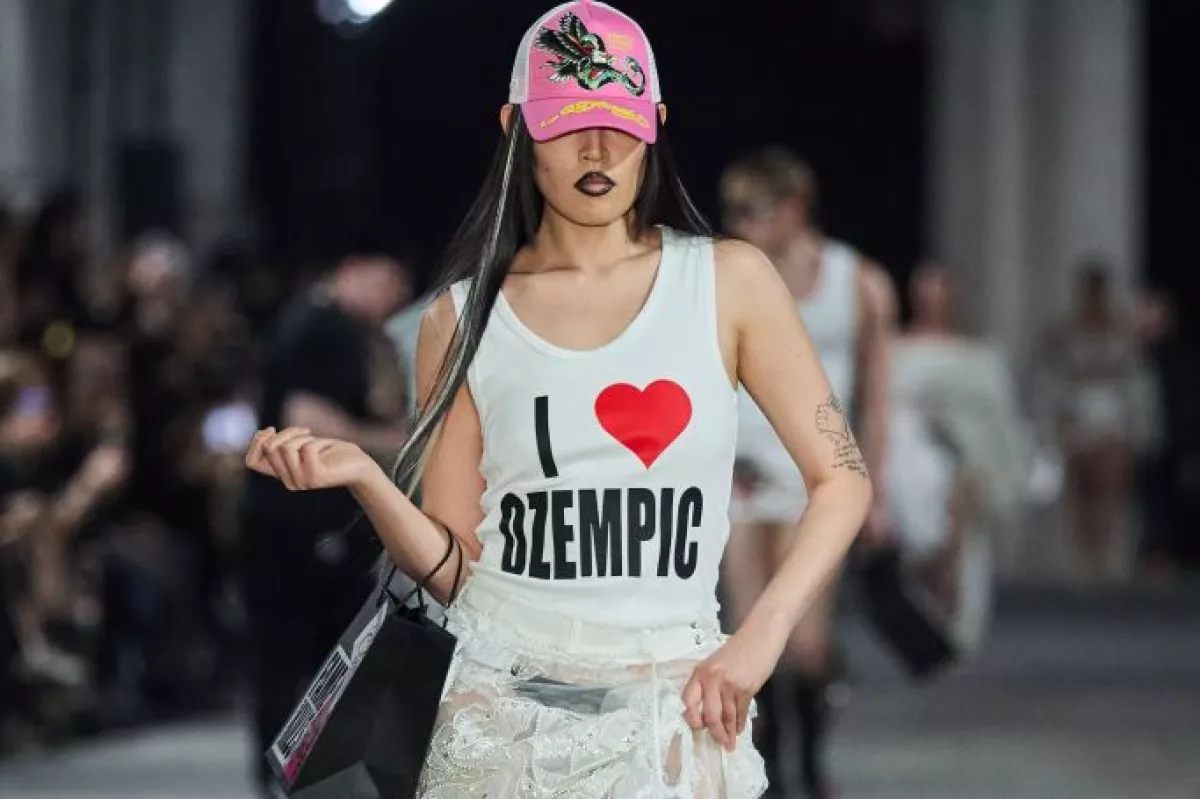 A T-shirt from fashion brand Namilia shown during Berlin Fashion on July 3, 2024 sparked an outcry on the brand's Instagram, with readers noting that Ozempic is in short supply for people with a medical need for it.