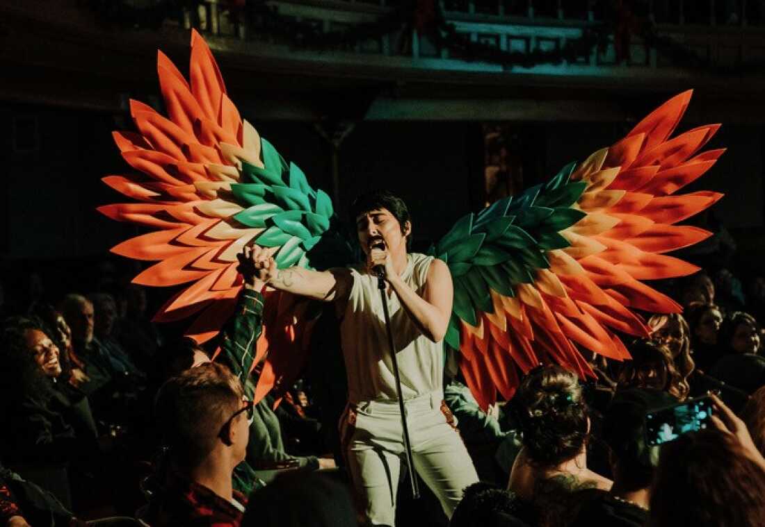 Buffalo, N.Y.-based drag king Freddie Hercury performs at an event in Homer, N.Y. in 2023. The artist sought out Qommittee, the group behind the new 'Drag Defense Handbook,' when they faced an online bomb threat in the run up to Pride performance in 2024.