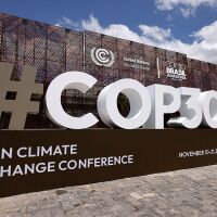 The COP30 logo is seen in front of the central building ahead of the COP30 Brazil Amazonia 2025 on November 3, 2025 in Belem, Brazil. The Conference of the Parties (COP) meets annually to discuss and negotiate on climate change. Brazil will host the climate summit on November 6 and 7 and the 30th COP meeting between November 10 and 21 in Belem.