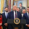 President Trump speaks in the Oval Office of the White House on Tuesday. Trump announces that U.S. Space Command will move its headquarters from Colorado to Alabama.