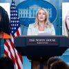 White House Press Secretary Karoline Leavitt speaks alongside a photo of Ukrainian refugee Iryna Zarutska (right), who was allegedly killed by Decarlos Brown Jr. (left), on a light rail train in Charlotte, North Carolina.