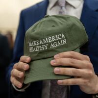 A closeup of a pair of hands clutching a green baseball cap that says "Make America healthy again."